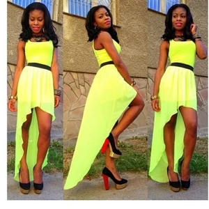 Fashion Casual Dress Fashion Women Dress Yellow Sleeveless Asymmetry Dress With Belt