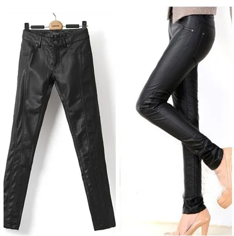 British fashion brand PU slim imitation leather elastic pencil pants Personality all match joker trousers free shipping | Женская одежда