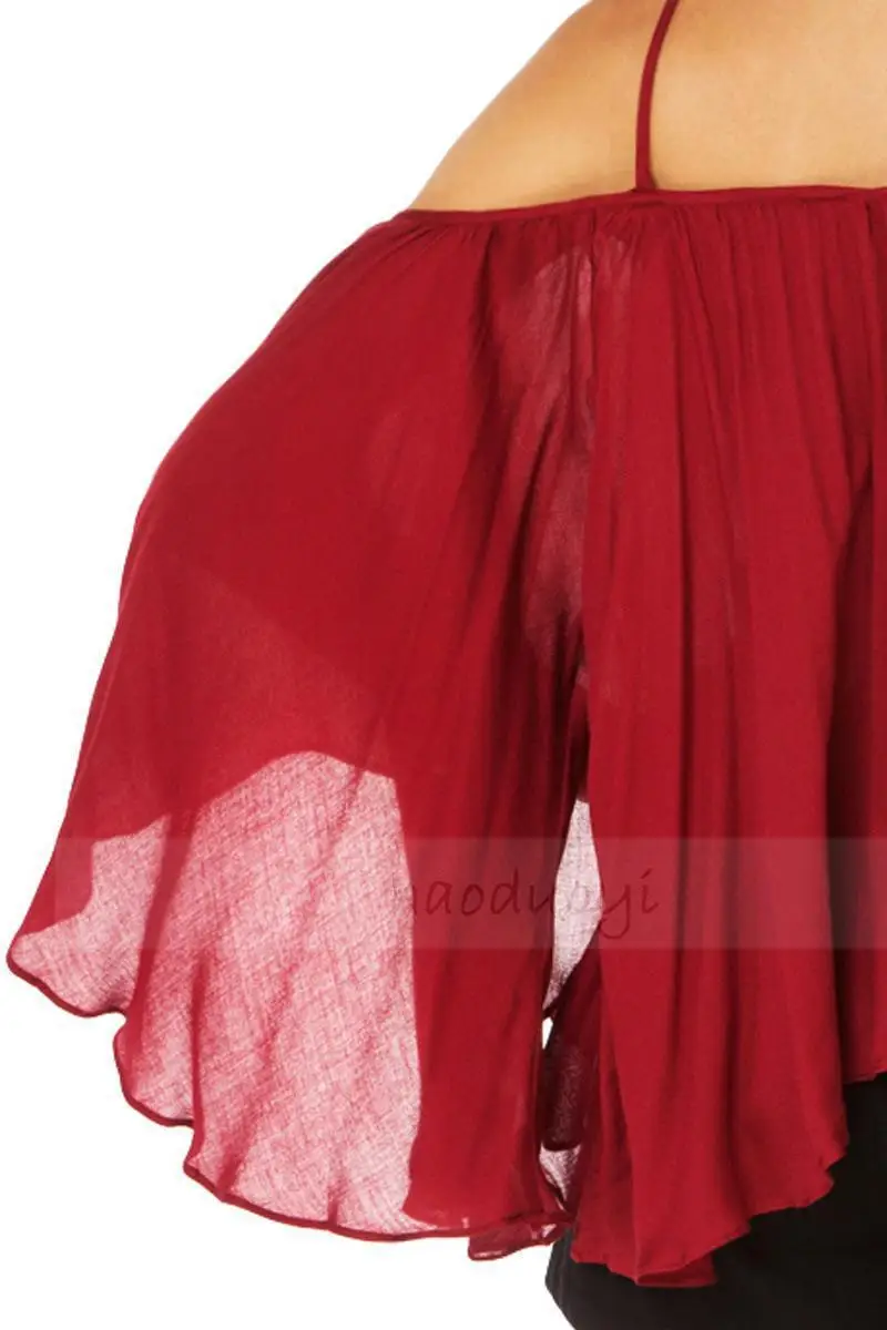 Women's Summer Blouses Off shoulder Flare sleeves Tops Female Wine Red Slash Neck Chiffon Ruffle Blouse And Shirts For Women |
