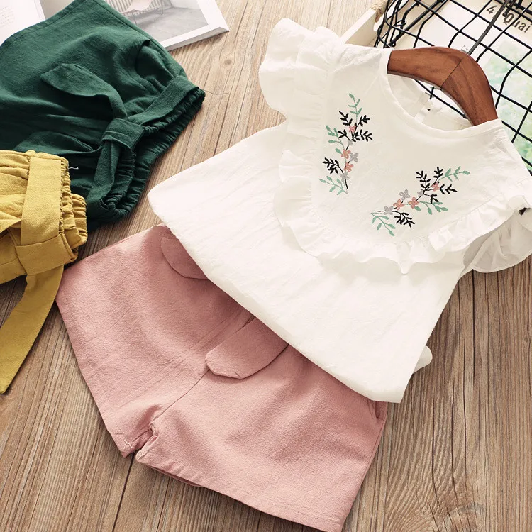 

Children Clothing Suit Girls Sets Summer Kids Baby Girls Embroidery Flowers Short-sleeved Shirt +shorts Pants Sets Two-piece