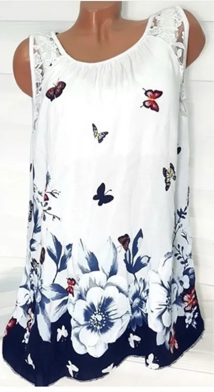 SYF 0918 White 5XL размера плюс женская футболка летние пляжные Сексуальные Топы повседневные кружевные лоскутные Футболки без рукавов с принтом бабочки женские свободные топы - Цвет: SYF 0918 White