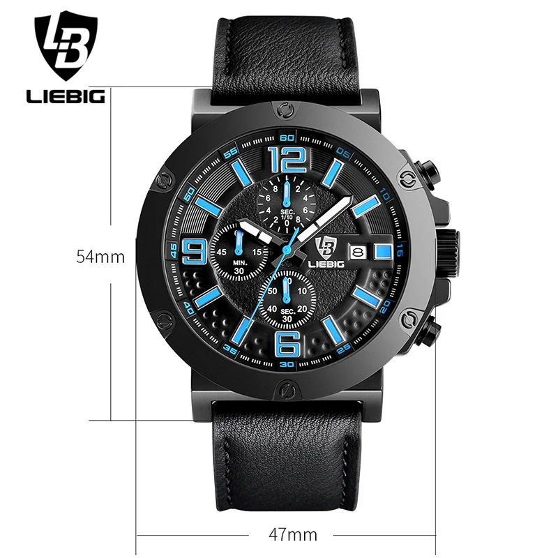 LIEBIG мужские военные кварцевые наручные часы с календарем кожаные