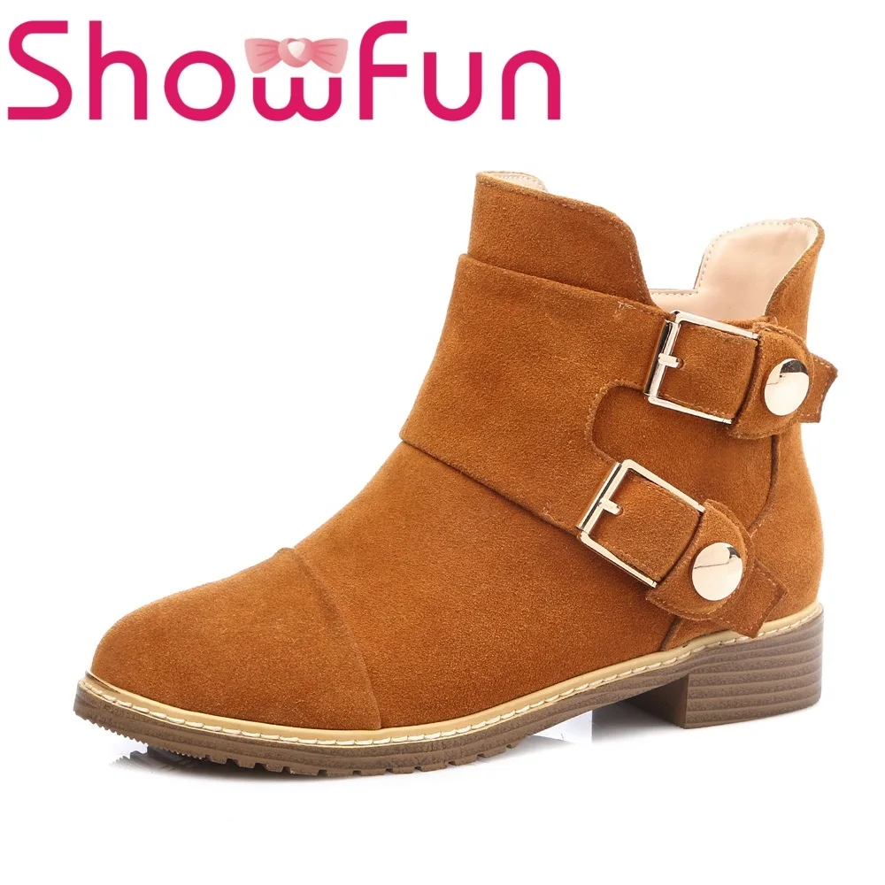 Showfun натуральная кожа женская обувь зимние однотонные ботильоны с круглым носком
