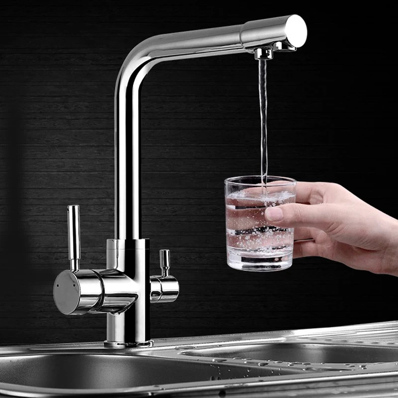 Хромированная очищенная вода кухонный кран чистый фильтр для воды бортике кран двойные ручки смеситель горячей и холодной воды краны
