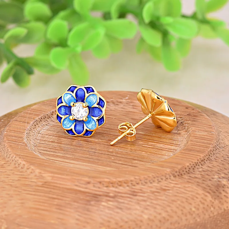 Женские серьги гвоздики с эмалью Cloisonne серебро 925 пробы эмалированные цветком и