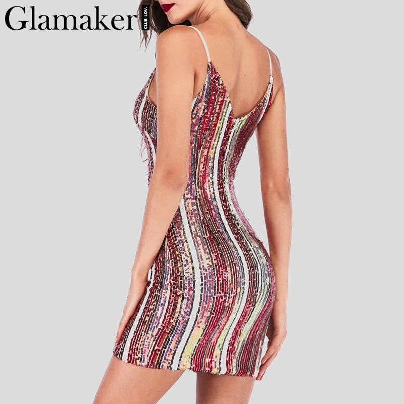 Glamaker, сексуальное короткое облегающее платье в полоску с блестками, женское летнее Мини-Платье С v-образным вырезом, элегантные женские модные вечерние клубные платья, vestidos