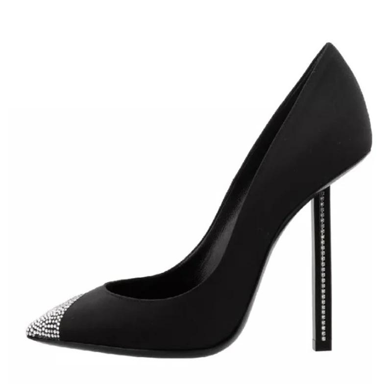 Black Satin Knsvvli/туфли на высоком каблуке со стразами и острым носком; женские пикантные черные атласные туфли для торжеств; женские туфли-лодочки на тонком каблуке с кристаллами и шипами; сезон осень - Цвет: Black Satin