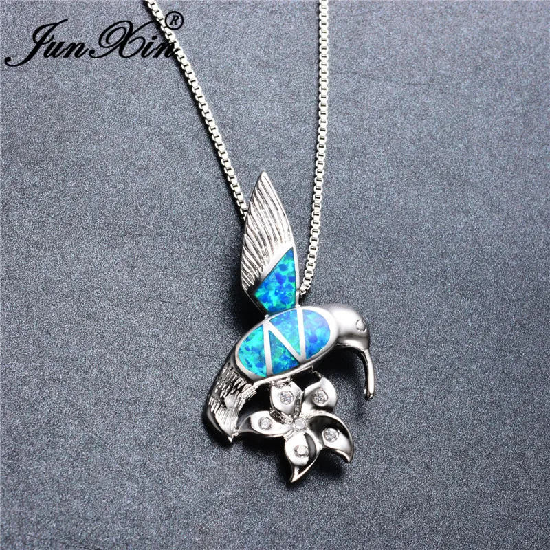 JUNXIN Женская мода Синий огненный опал птица с цветком подвески и ожерелья