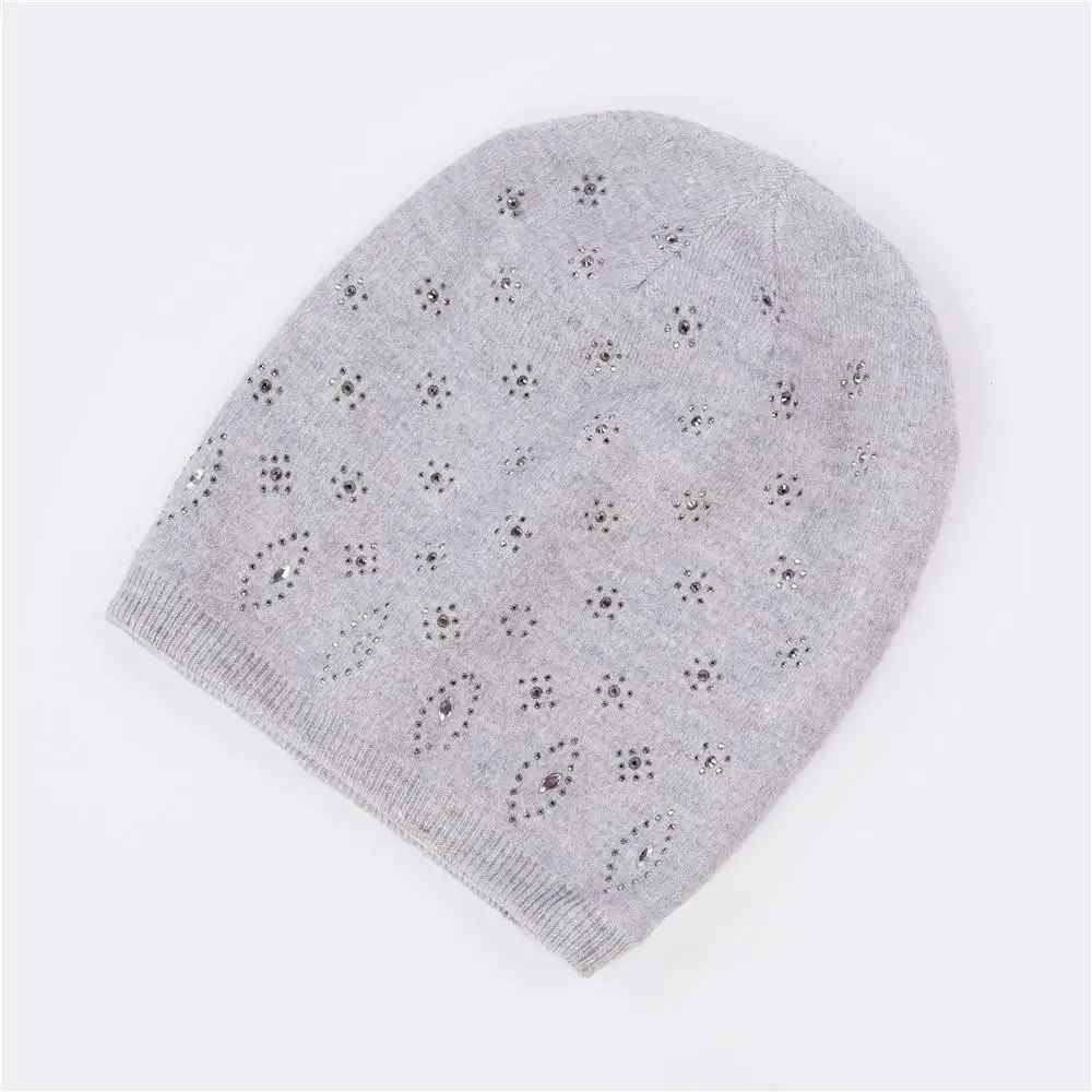 light gray COKK шерстяные зимние шапки бини для женщин Skullies Beanies Hat для женщин Стразы цветок вязаная шапка для девочек чулок шапка женский чепчик - Цвет: light gray