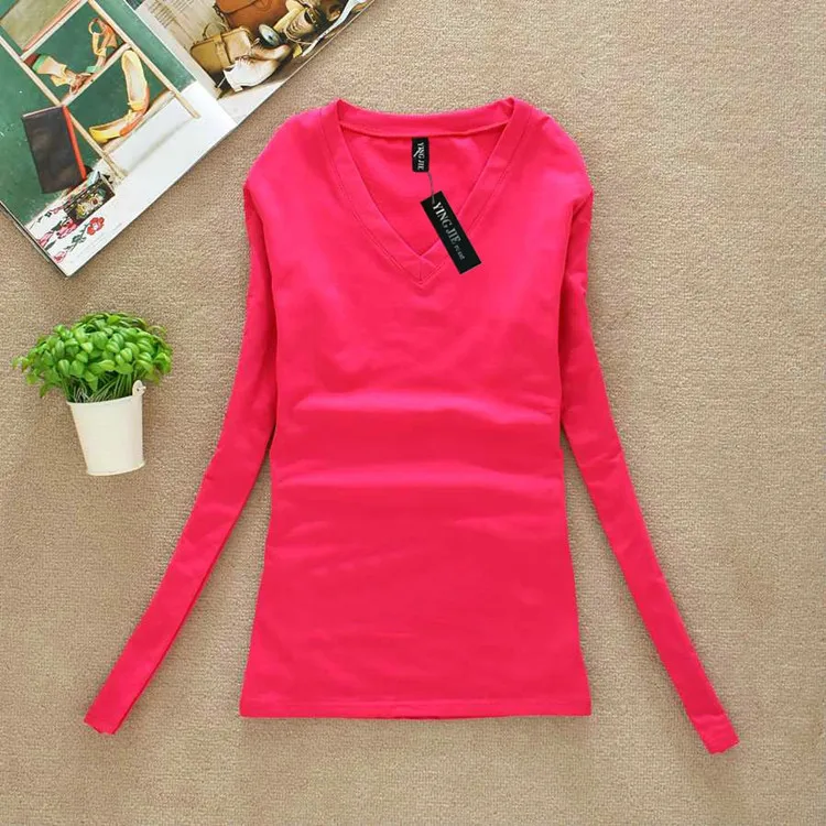 hot pink Новинка зимняя футболка Женская водолазка с длинным рукавом женская футболка с высокой эластичностью топы футболки осеннее нижнее белье футболки Camisetas - Цвет: hot pink