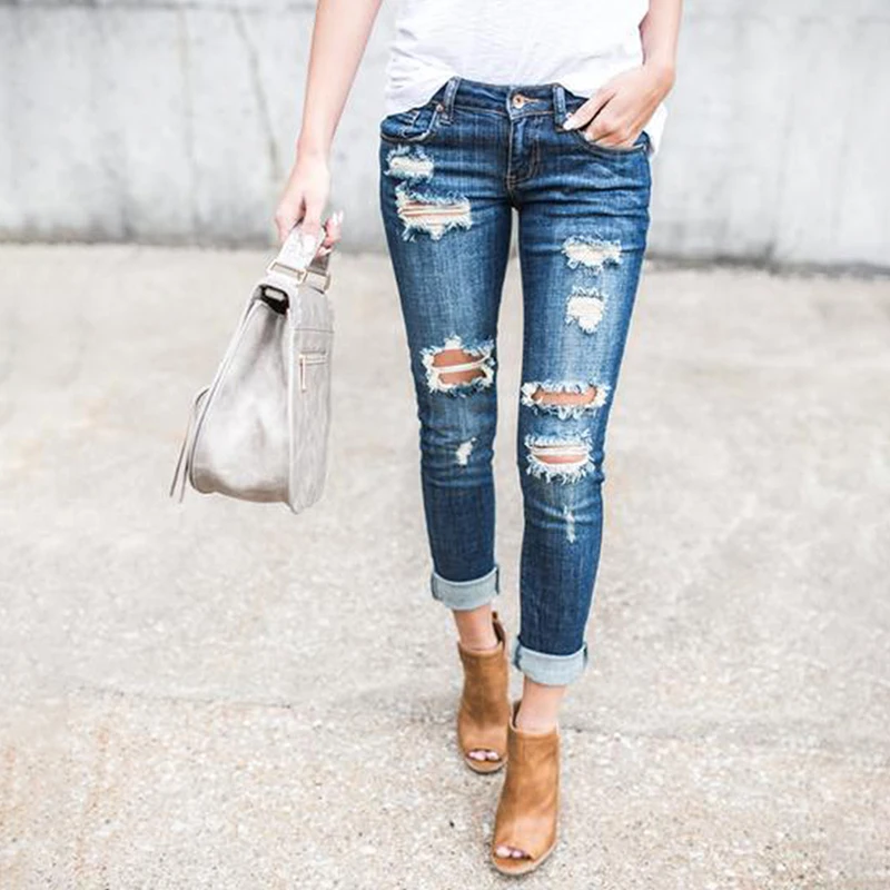 1pc New Style Women Fashion Broken Holes Slim Pants Ladies Jeans Spandex ankle-length Zipper Fly Pencil Casual |
