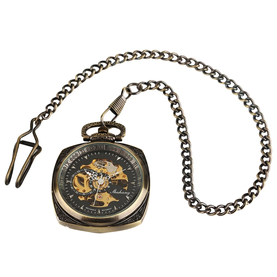 

Hot Sale Retro Vintage Mechanical Pocket Watch Clock Gifts for Men Women Creative Square Fob Watches Pendant Chian