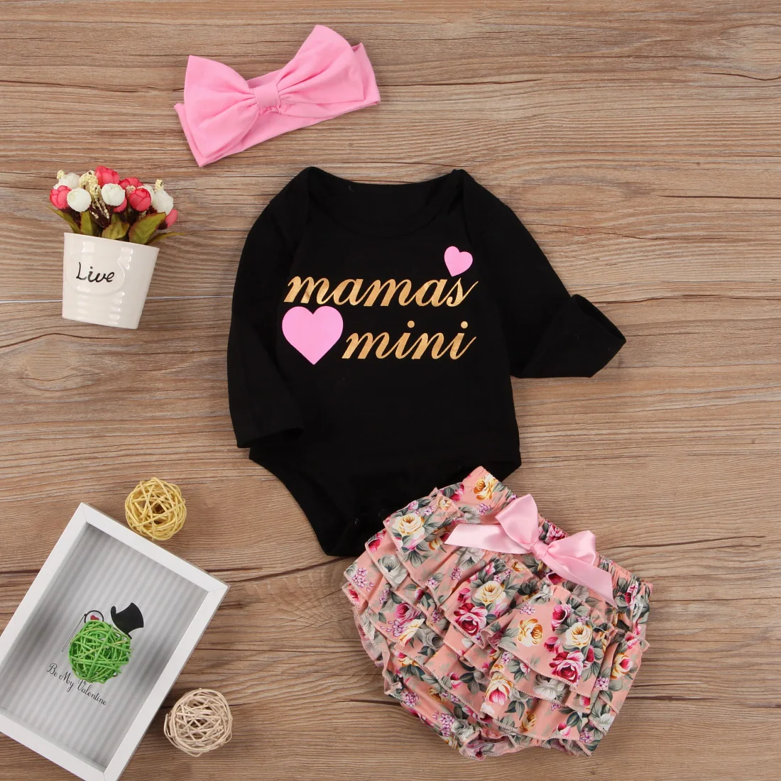 Для маленьких девочек одежда с надисью "Mamas Mini" печати боди+ цветочные шаровары+ повязка на голову, летний комплект одежды из 3 предметов