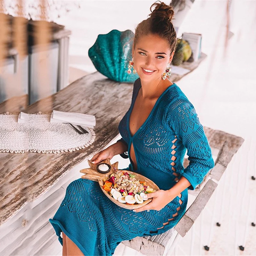New Sexy Long Beach Dress Women Swimsuit Cover-up Hollow Out Bathing Suit Beachwear Knitting Summer Dresses Casual Bikini Tunic