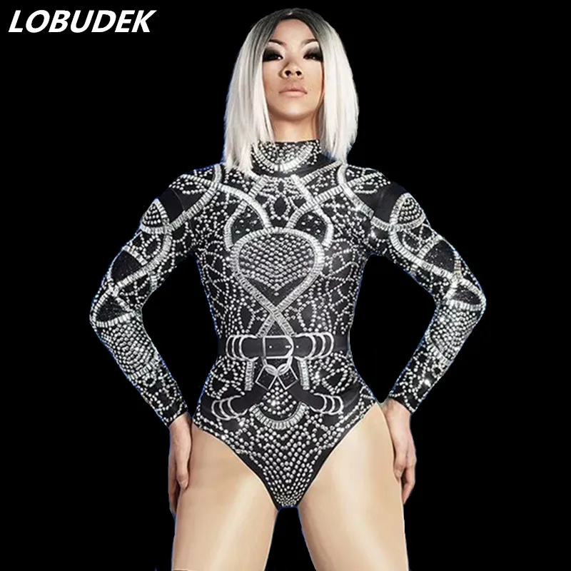 Nightclub Women Crystals Elastic Leotard Silver Black Rhinestones Long Sleeve Bodysuit Bar DJ Singer Jazz Dance Team DS Costume |