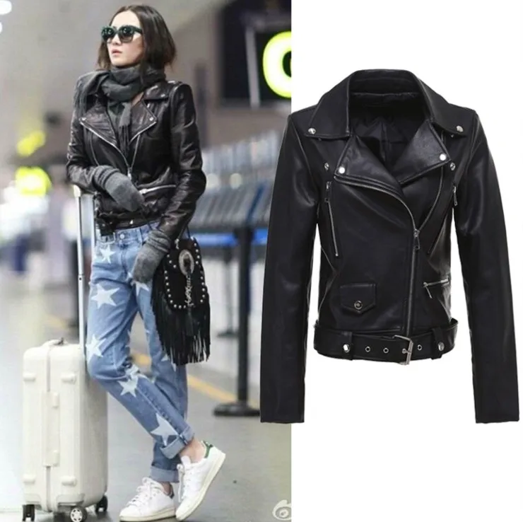 New Fashion Women Autumn Winter Black Faux Pu Leather Jackets Woman Zipper Basic Coats Turn-down Collar Biker With Belt | Женская одежда