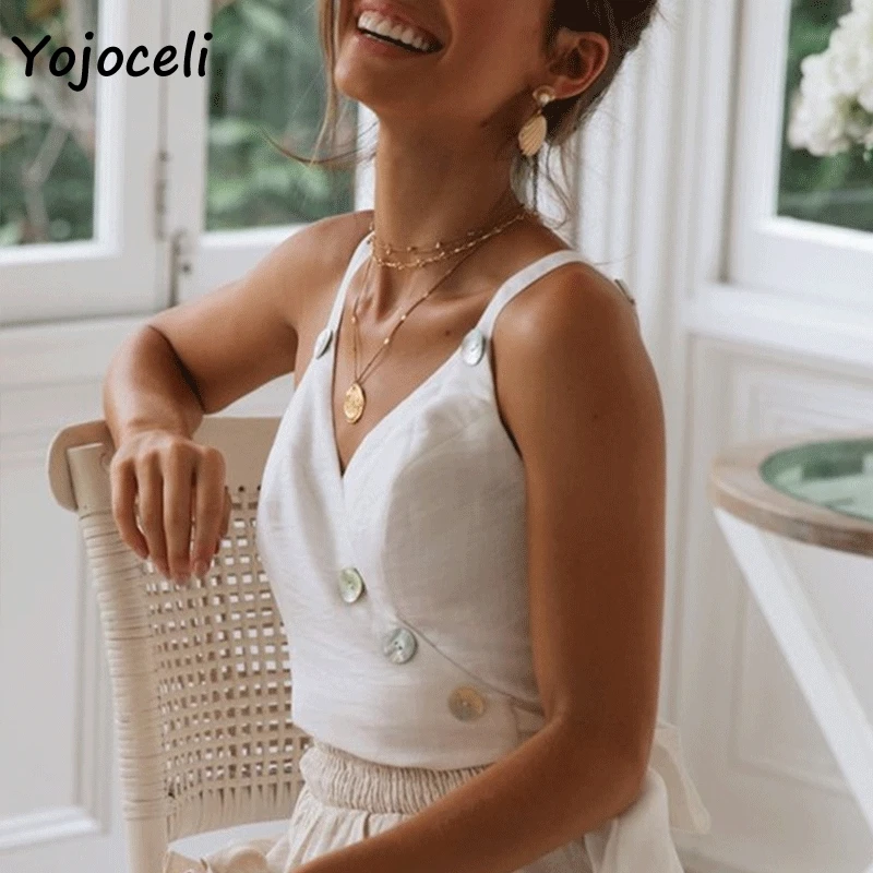 Белый Yojoceli летние милые топы на бретельках с пуговицами boho пляжные Универсальные женские майки с бантом летние топы рубашки - Цвет: Белый