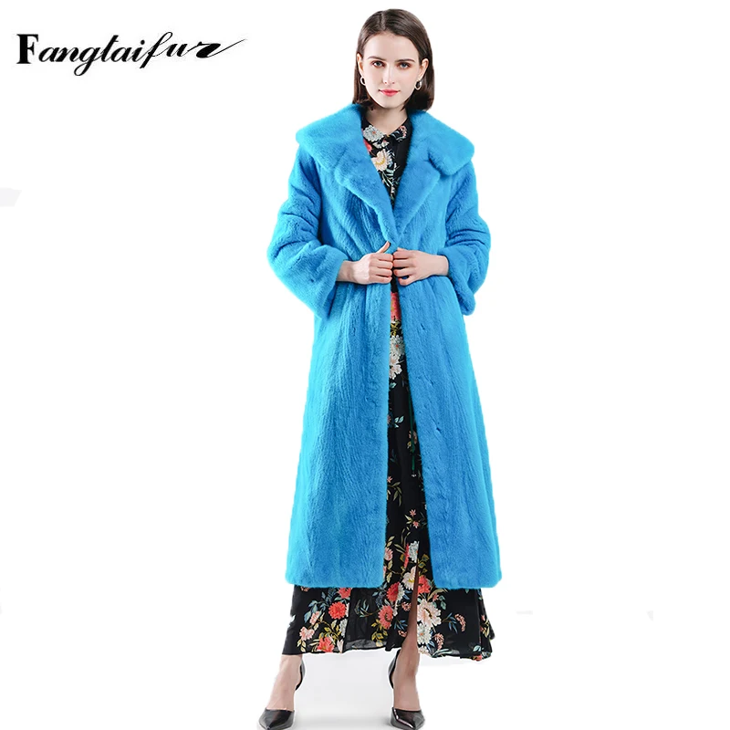 

Ftangaiur Winter Jacket Import Velvet Mink Fur Coat Turn-Down Collar Solid Causal Mink Coats Women's X-Long Real Mink Fur Coats