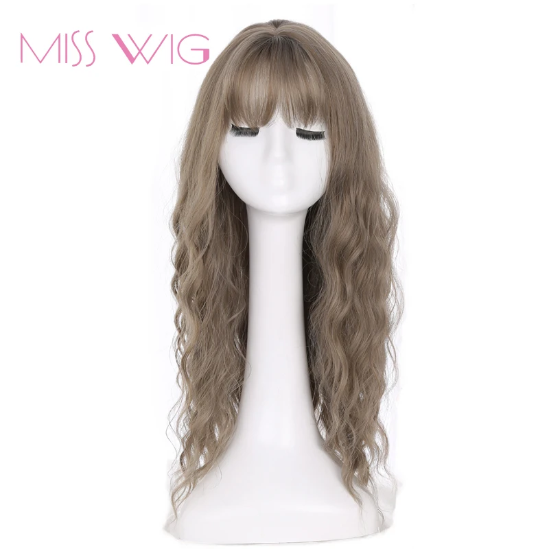 Длинные Серые и коричневые женские парики MISS WIG с челкой термостойкие