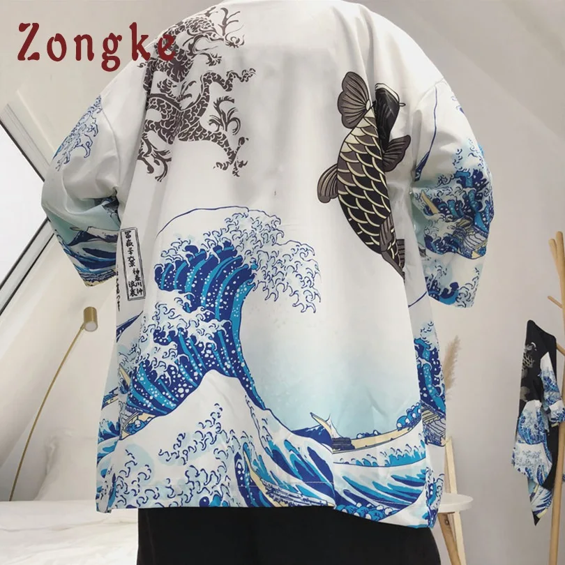 Zongke, японское кимоно, кардиган, для мужчин, волна и карп, с принтом, длинное кимоно, кардиган, для мужчин, тонкое, s, кимоно, кардиган, куртка, пальто