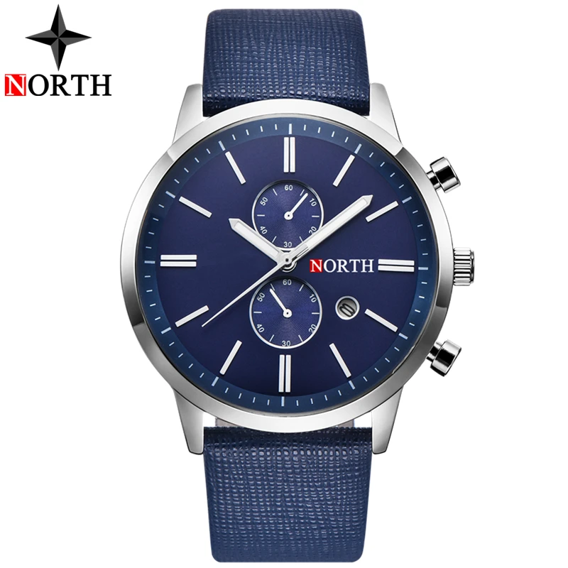 Мужские кварцевые часы NORTH с кожаным ремешком аналоговые повседневные