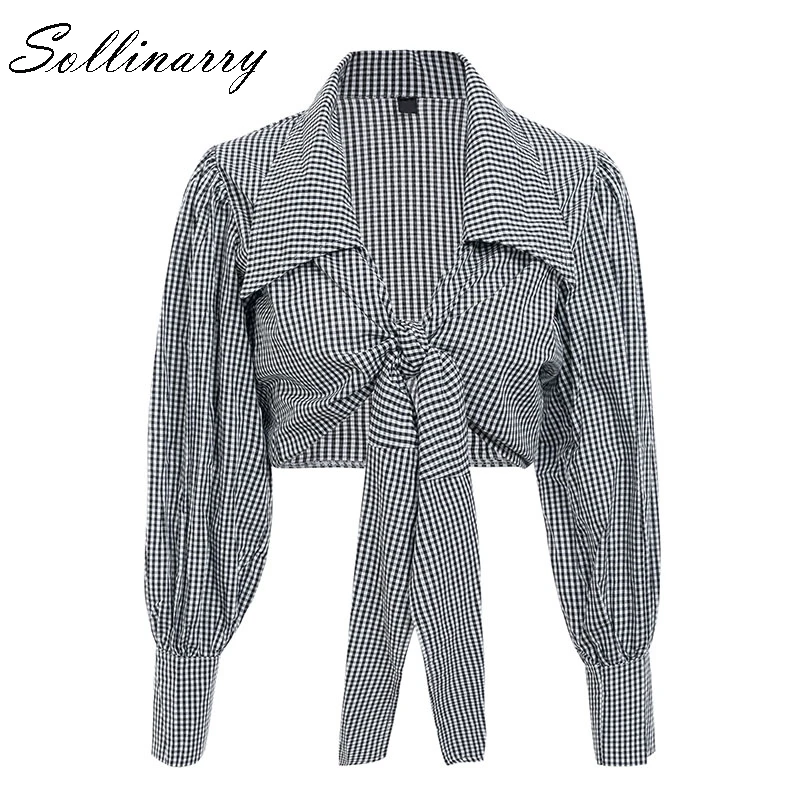 Sollinarry, красный, белый, в клетку, с длинным рукавом, женские топы, блузка, повседневная, v-образный вырез, блузка, женский кардиган, бант, блузка, рубашка, блуза