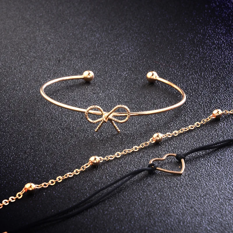 Fashion accessories alloy gold Bowknot heart beads black rope chain 3 pieces set of open Bracelets for women jewelry bangle gift | Украшения