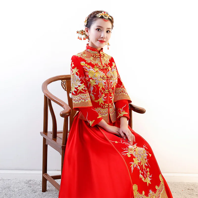 Красное свадебное платье традиционное китайское Qipao Национальный костюм для