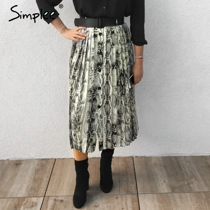 Simplee для женщин со змеиным принтом плиссированная юбка животный принт пуговицы