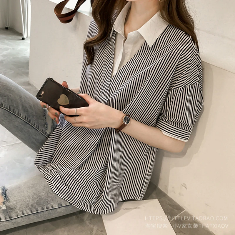 Новая летняя полосатая блузка рубашка Плюс Размер Женская Офисная Дамская