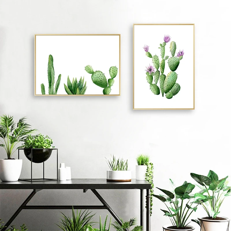 Акварельные Цветы кактус суккуленты растительный принт Северный плакат зеленый