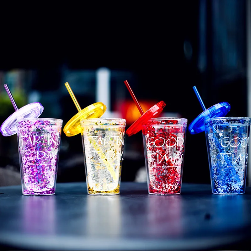 30pcs/lot 450ml Creative Colorful Double Layer Plastic Cup With Lid Summer Gold Powder Juice Water Straw 15.5*6.5cm | Дом и сад