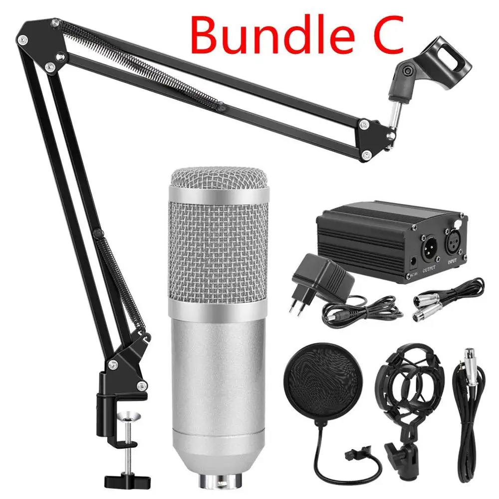Silver Grey Bundle C Bm 800, Студийный микрофон, комплект фантомного конденсатора, микрофон для караоке, bm800, поп-фильтр для компьютера, вещания, записи - Цвет: Silver Grey Bundle C
