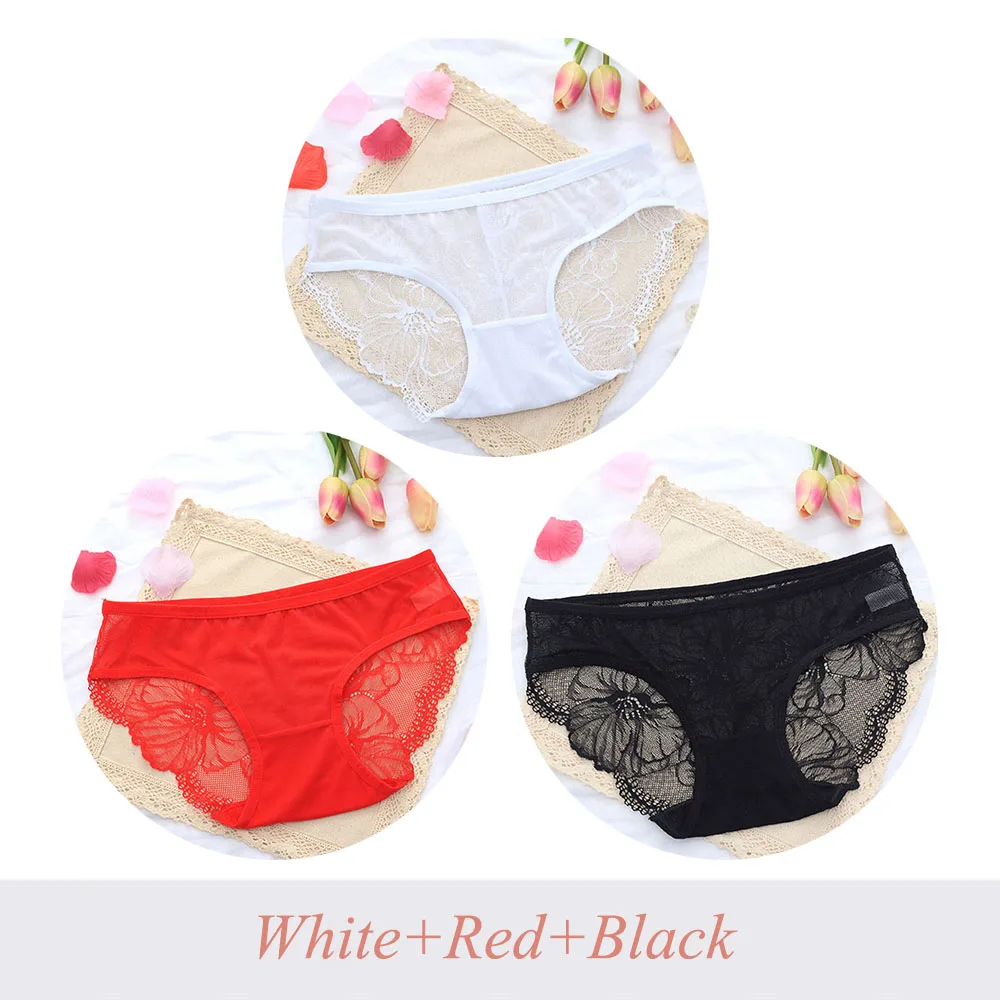 WhiteBlackRed 3 шт., сексуальные кружевные трусики, женские прозрачные трусы с низкой посадкой, дамское нижнее белье, трусы большого размера, нижнее белье, трусики - Цвет: WhiteBlackRed