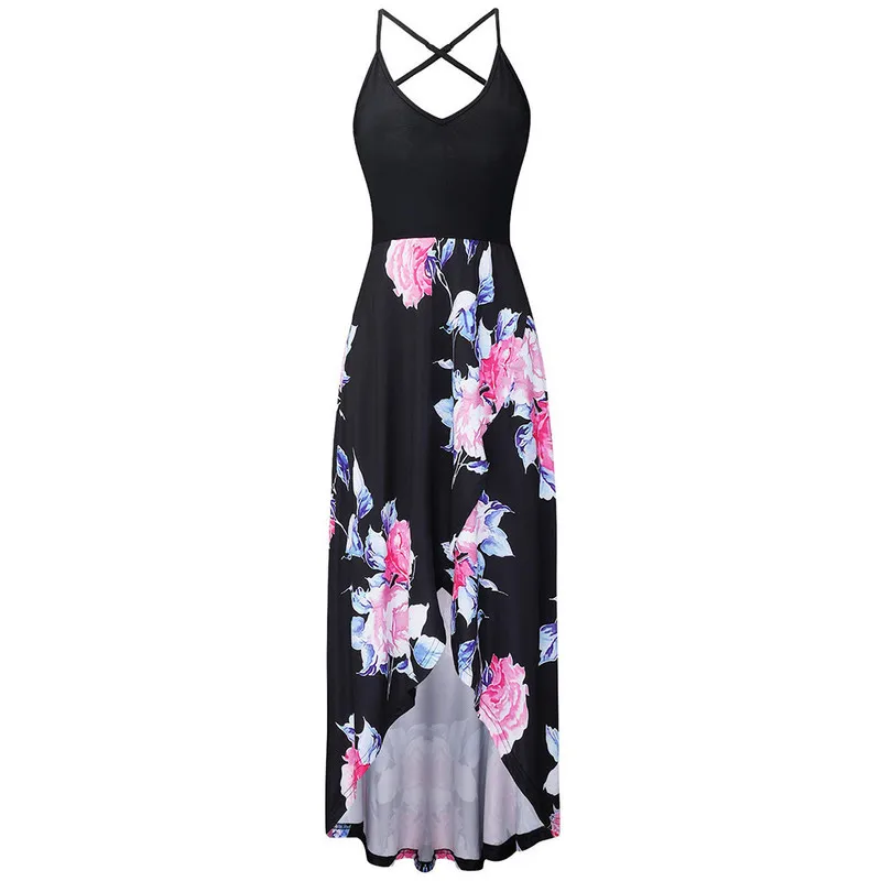 

Beach Women Sexy Dress Summer V Neck Sleeveless Flowers Long Dress Bohemia