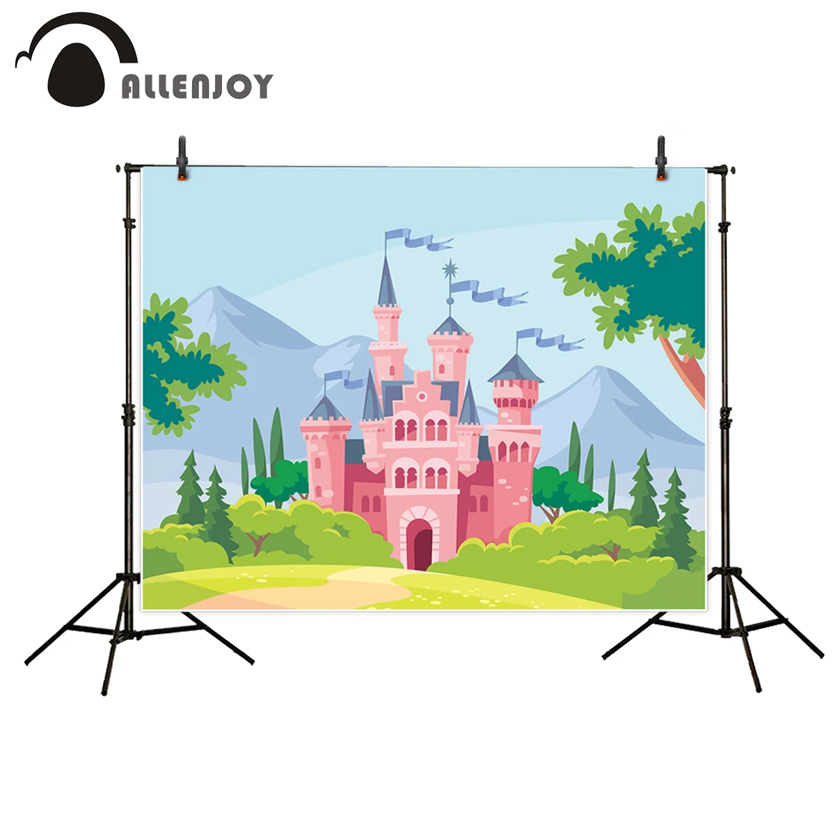 Фотофон Allenjoy с розовым замком зелеными деревьями лесным холмом сказочный стиль