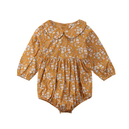 

Baby Girl Floral Print Doll Collar Rompers Plicated Long Sleeve Romper Outfits Clothes One-Pieces