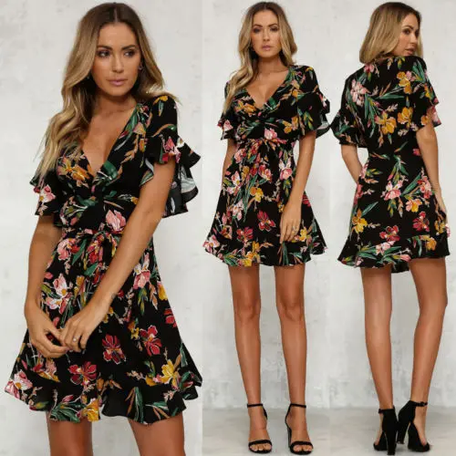 Женское платье с глубоким v-образным вырезом и цветочным принтом Пляжное