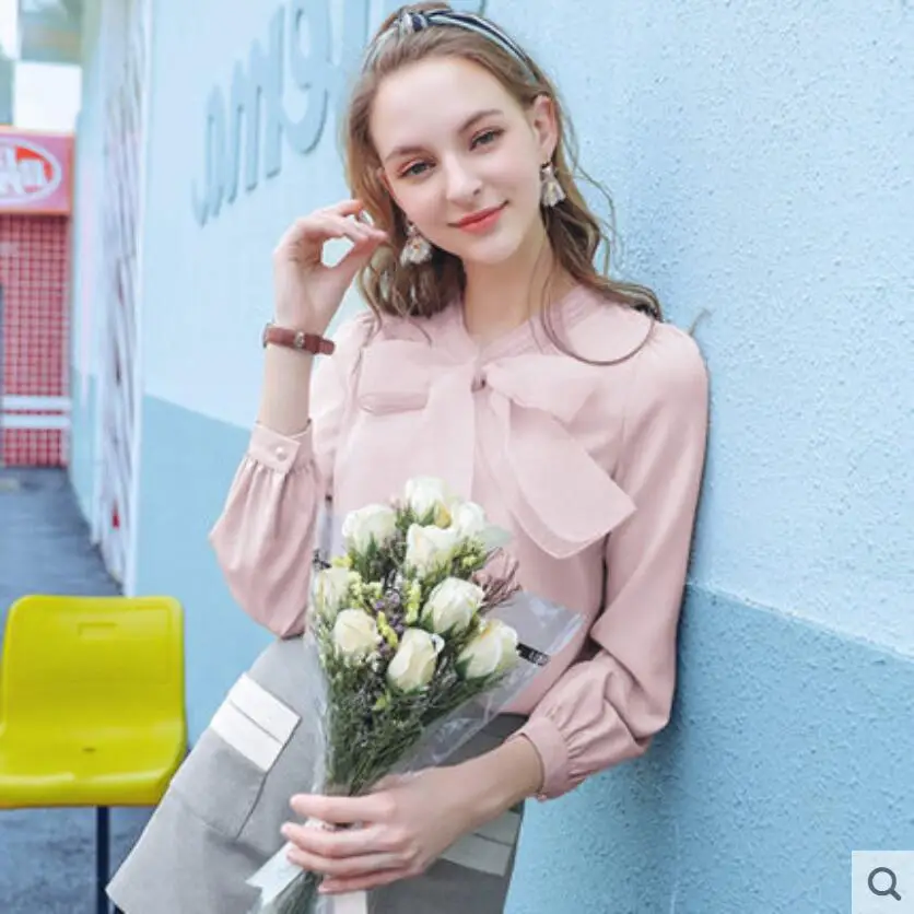 2019 Весенняя новая шифоновая рубашка женская с длинным рукавом бантом модный