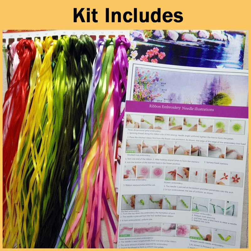 

3D Ribbon Embroidery Kit ,Flower Embroidery Set, Needlework, Cross Stitch kits, Embroidery for Beginner, DIY Art Sewing Craft