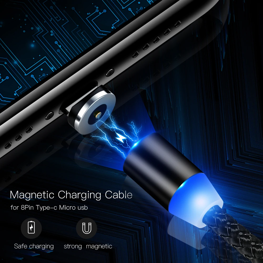 Светодиодный магнитный кабель Micro USB Type-C зарядный 2 1 А быстрая зарядка телефона