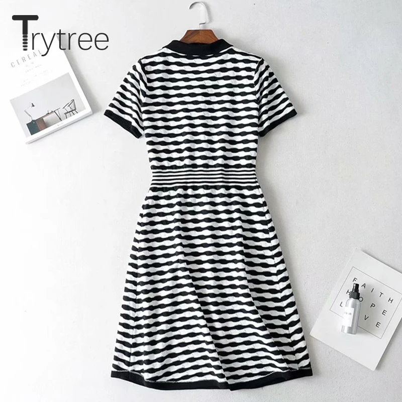Trytree Summer Women Dress Casual Turn-down Collar Striped Shirt Dresses Elastic Knitting Office Lady A-line Knee-Length | Женская