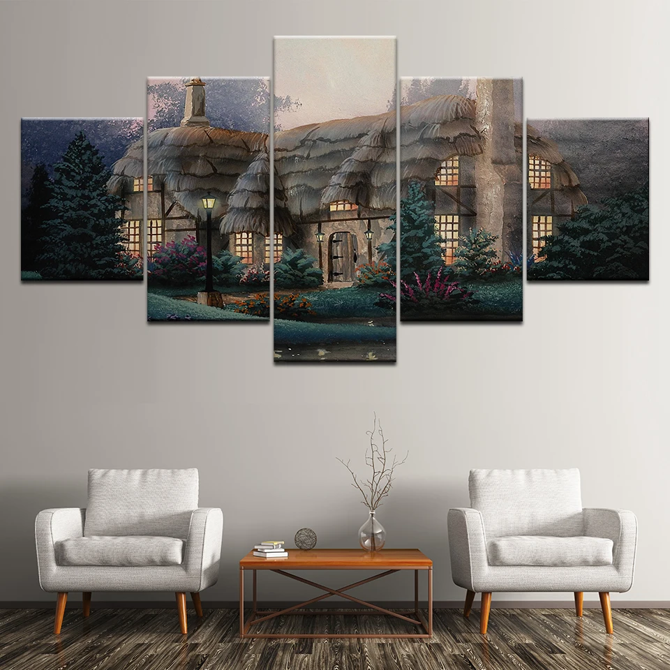 Canvas Painting Thatched house landscape 5 Pieces Wall Art Modular Wallpapers Poster Print for living room Home Decor | Дом и сад