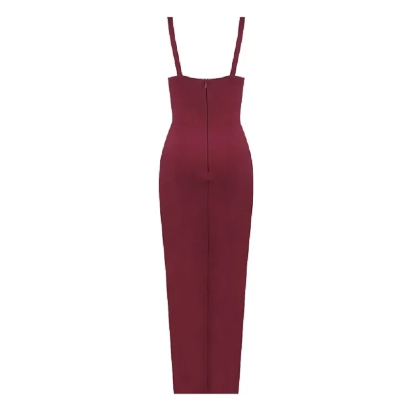Women Fashion Red Spaghetti Strap Bandage Dresses New Sexy V-Neck Split Party Dress Summer Sleeveless Knee Length Club Vestidos | Женская