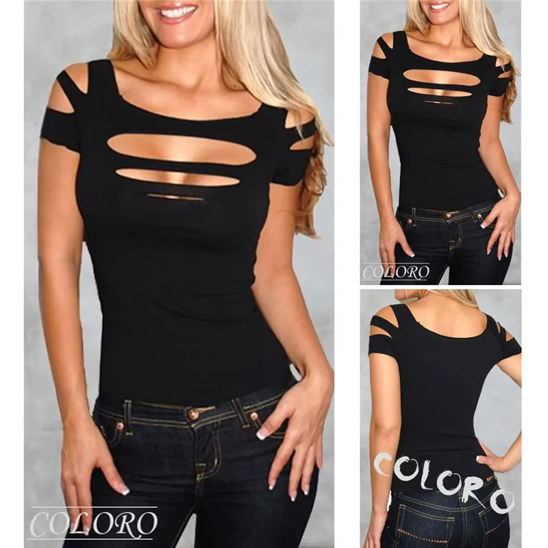 Sexy Round Neck cotton Tops club wear short sleeve pullover T-Shirt one pieces Fashion Exposure black Bust hole women clothes | Женская