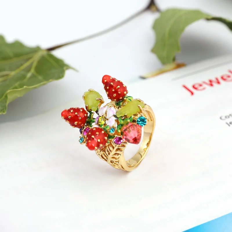 Роскошные себе клубника цветы gem Кольцо для женщин Эмаль Глазурь модные перстни