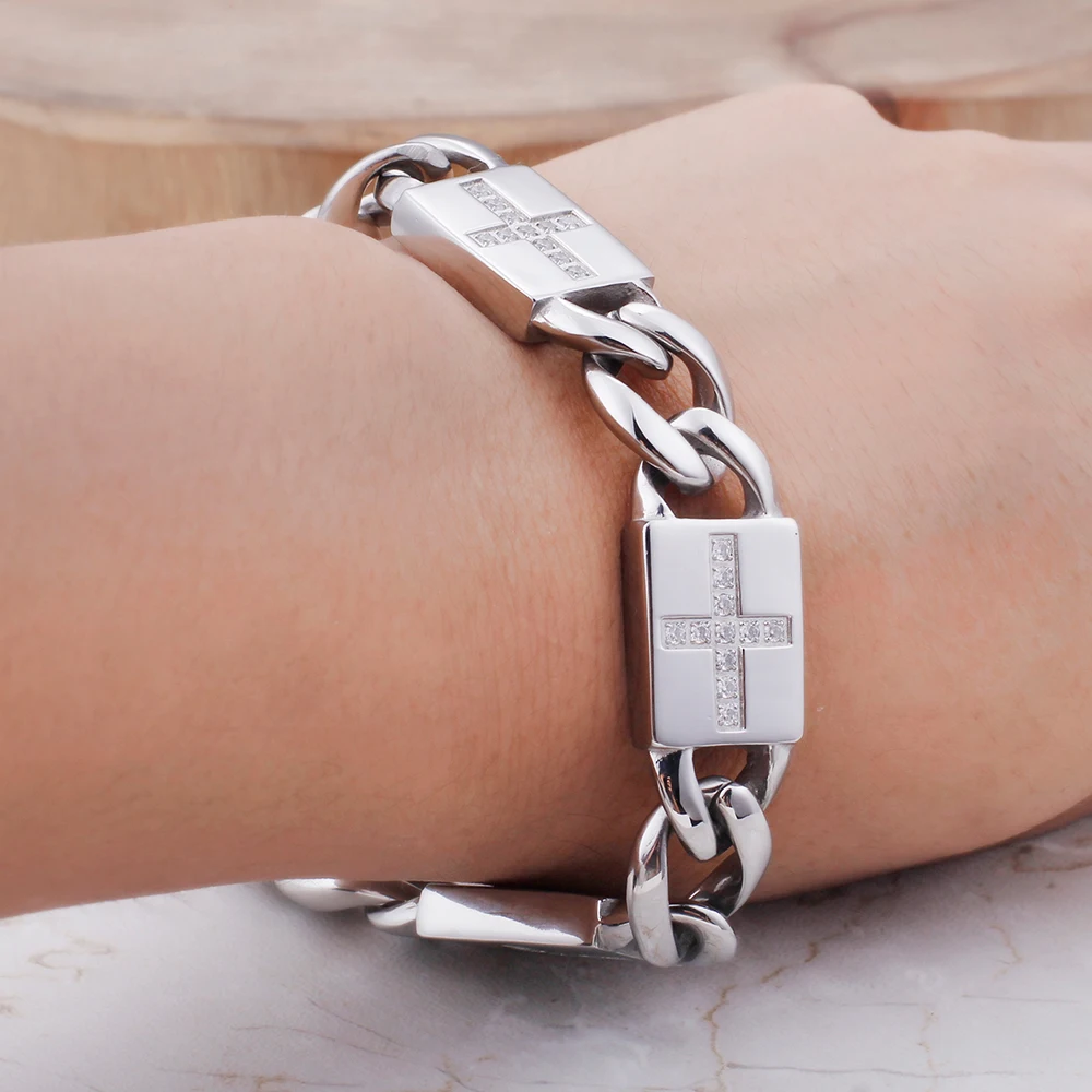 

Fashion Polished Stainless Steel Jewelry Charm Bracelet Men Cross Shape Friendship Mens Bracelets Bangles 2019 With CZ Zircon