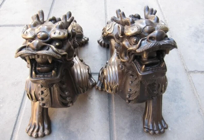 11 &quotкитайский Фэн Шуй Уточнение Чистая Бронзовый Foo Dog Лев kylin зверь пара|dog