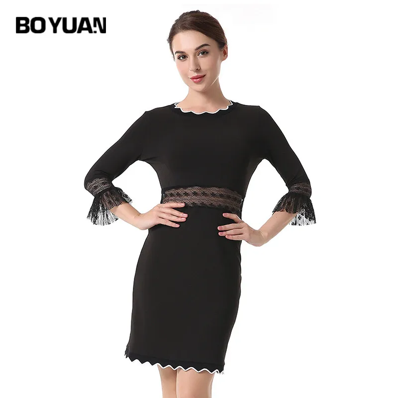 Boyuan осеннее платье Bodycon Тонкий короткий Платья для женщин сетки Кружево сращены