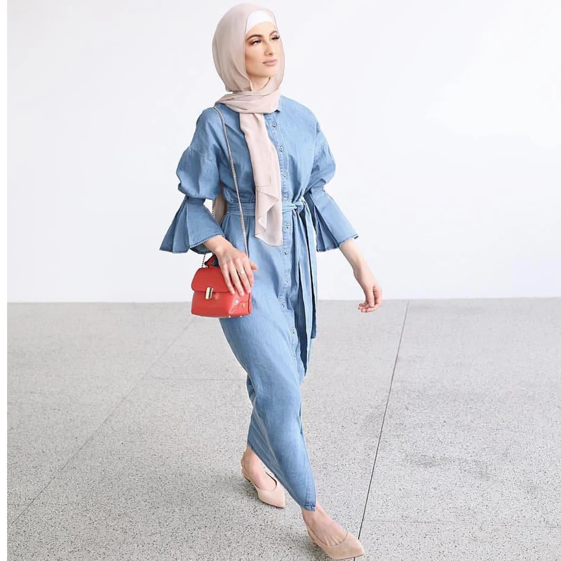 Модное мусульманское платье Abaya для женщин с расклешенными рукавами и пряжкой |